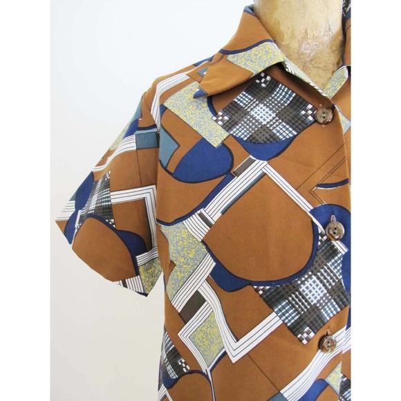 1970s Brown Navy Blue Collared Short Sleeve Button Up - Picture 3 of 4